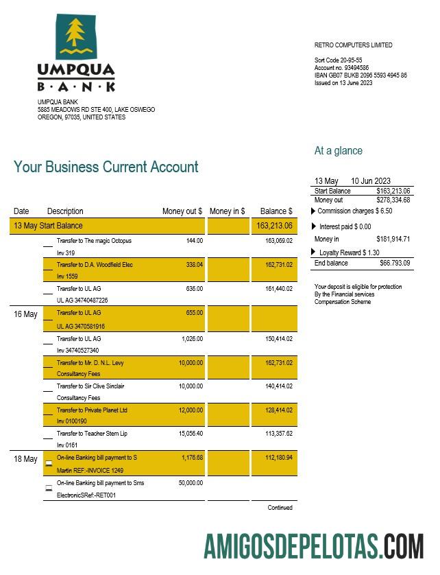 Realista Umpqua Bank Organization Checking modelo de extrato de conta Word e PDF